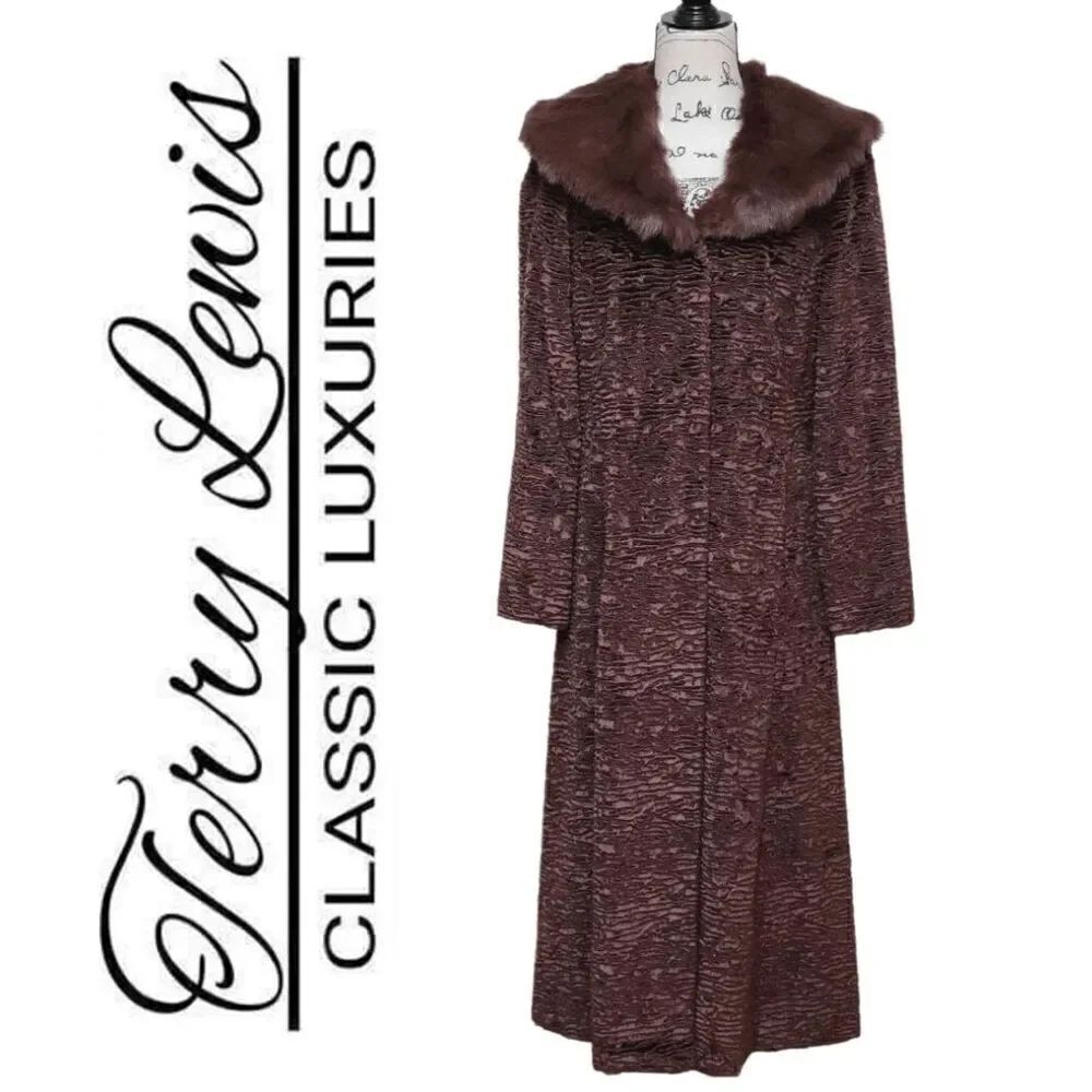 TERRY LEWIS Classic Luxuries Full Length Brown Velour Faux Fur Coat Size XS (S)